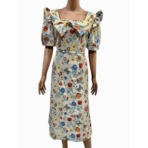 NWT Vintage Retro Style Cream Floral Midi Dress  Tie Back Fits Size SML